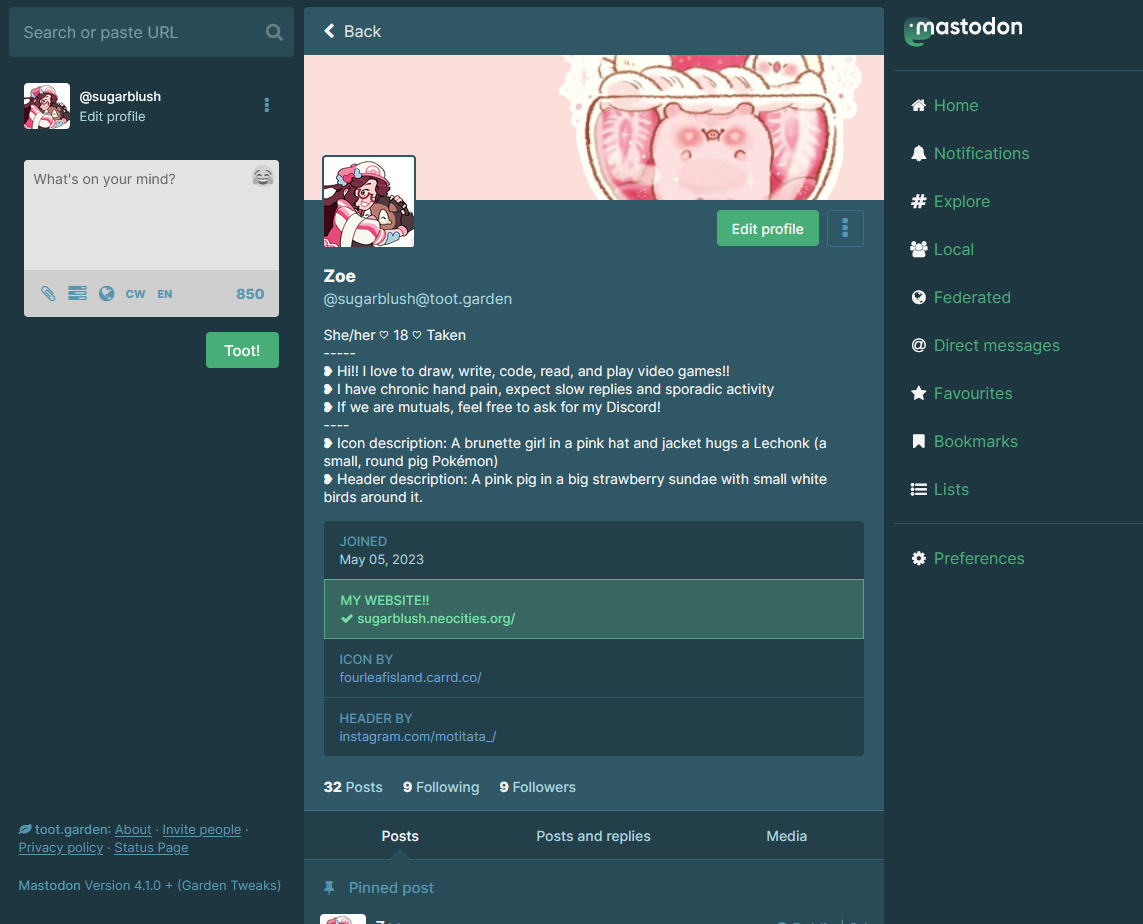 SugarBlush's toot.garden Mastodon profile. Header is a picture of a pig in a strawberry sundae, and icon is a brunette girl hugging Lechonk.