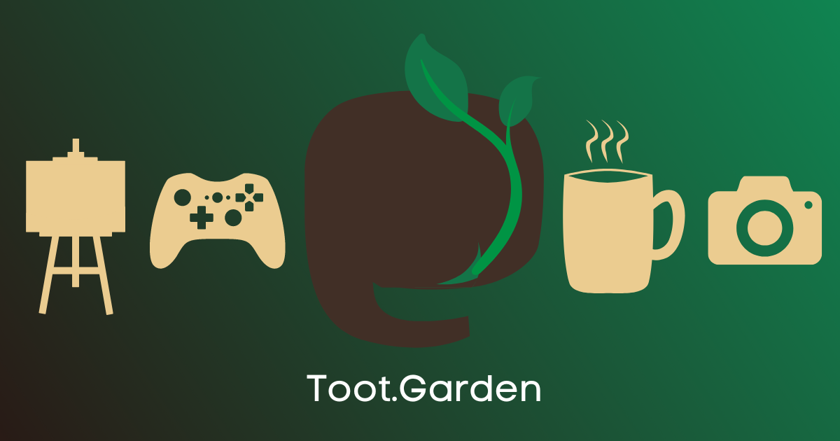 Toot.garden icon with symbols of a painting easel, game controller, cup of coffee, and camera. 'Toot.Garden' is written at the bottom
