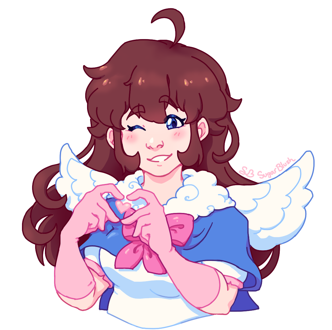 A brunette girl with angel wings smiles and her hands make a heart shape