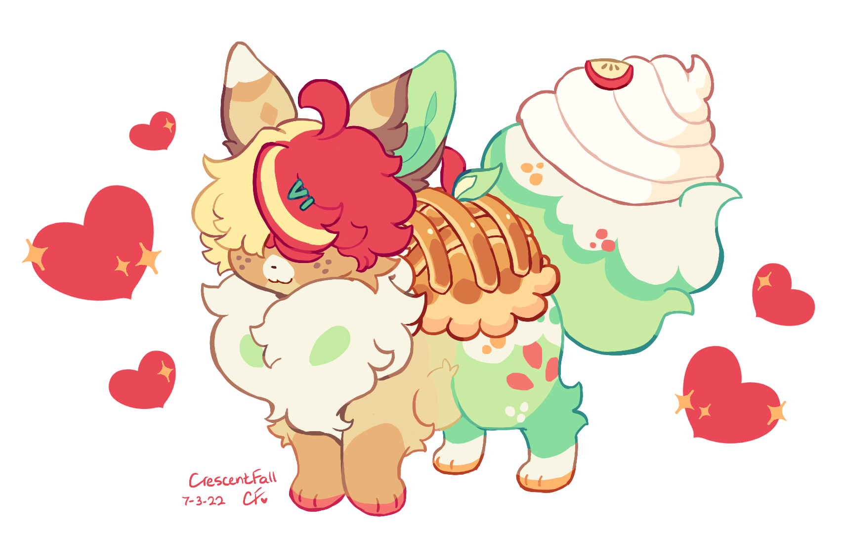 An appletun eevee fusion with cream fur covering its eyes