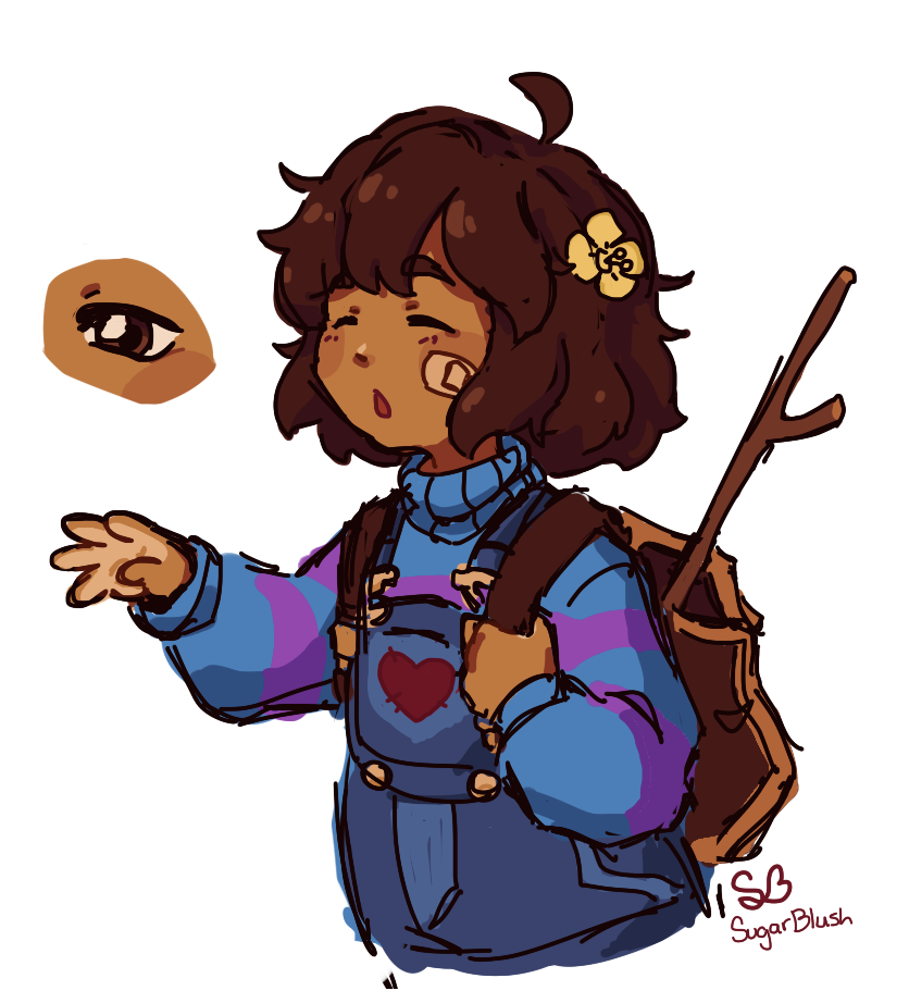 Frisk reaches out their hand, they have a stick poking out of their backpack and have a buttercup in their hair