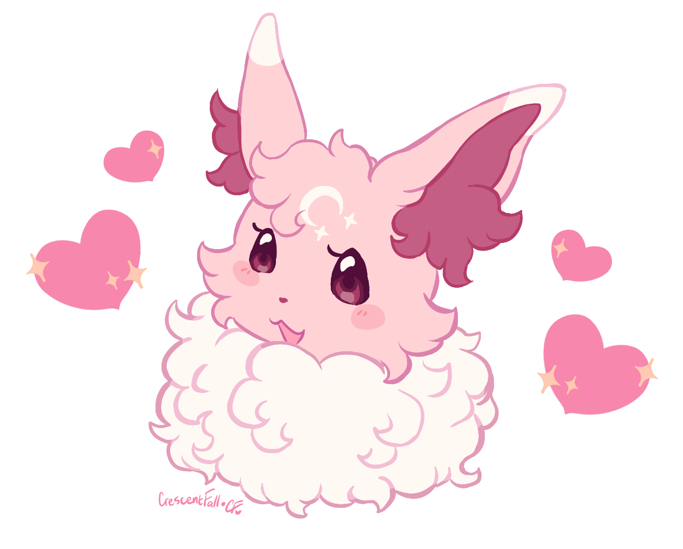 An eevee with big, fluffy pink fur and a moon marking on her head
