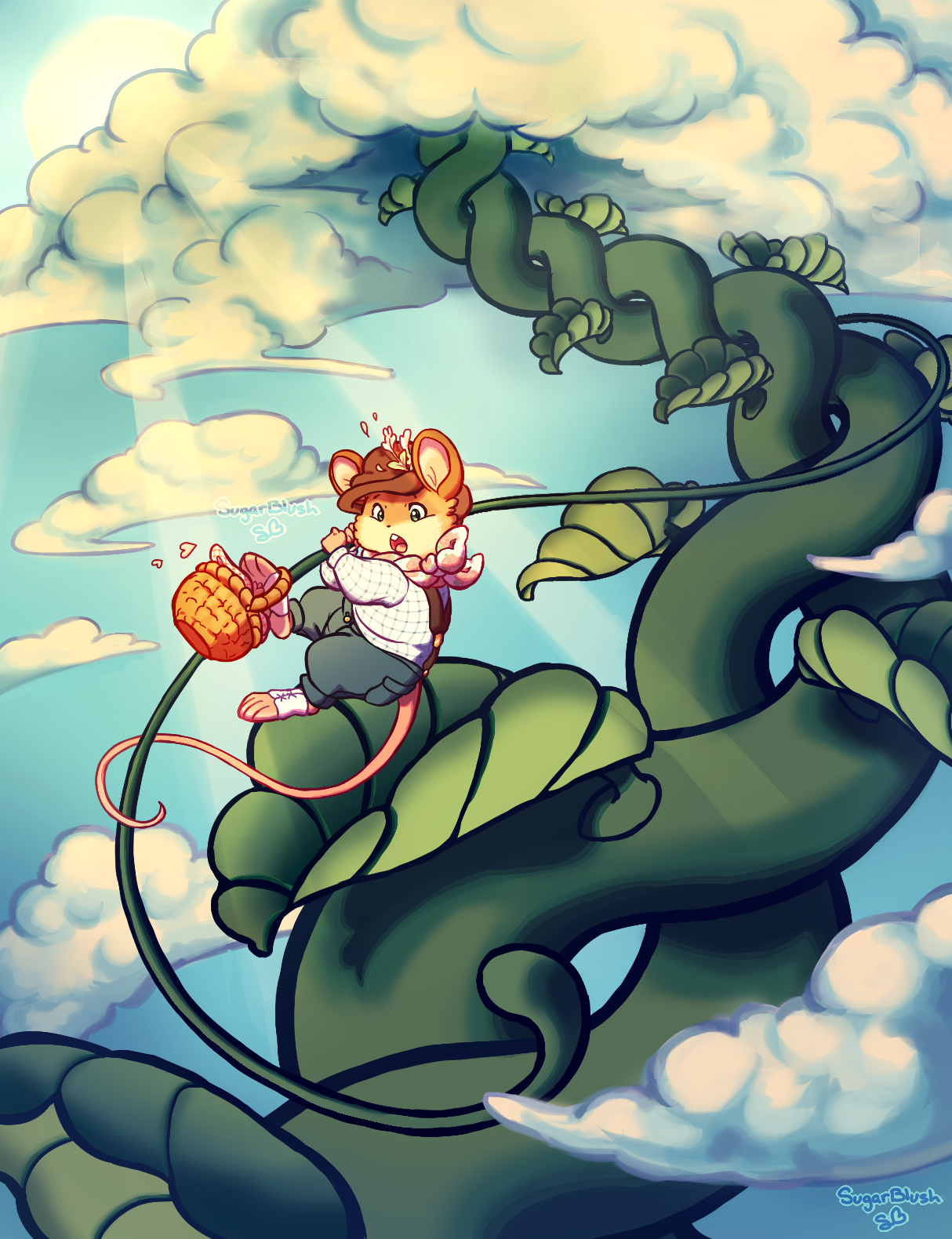 Mouse in cottagecore outfit climbs a Beanstalk