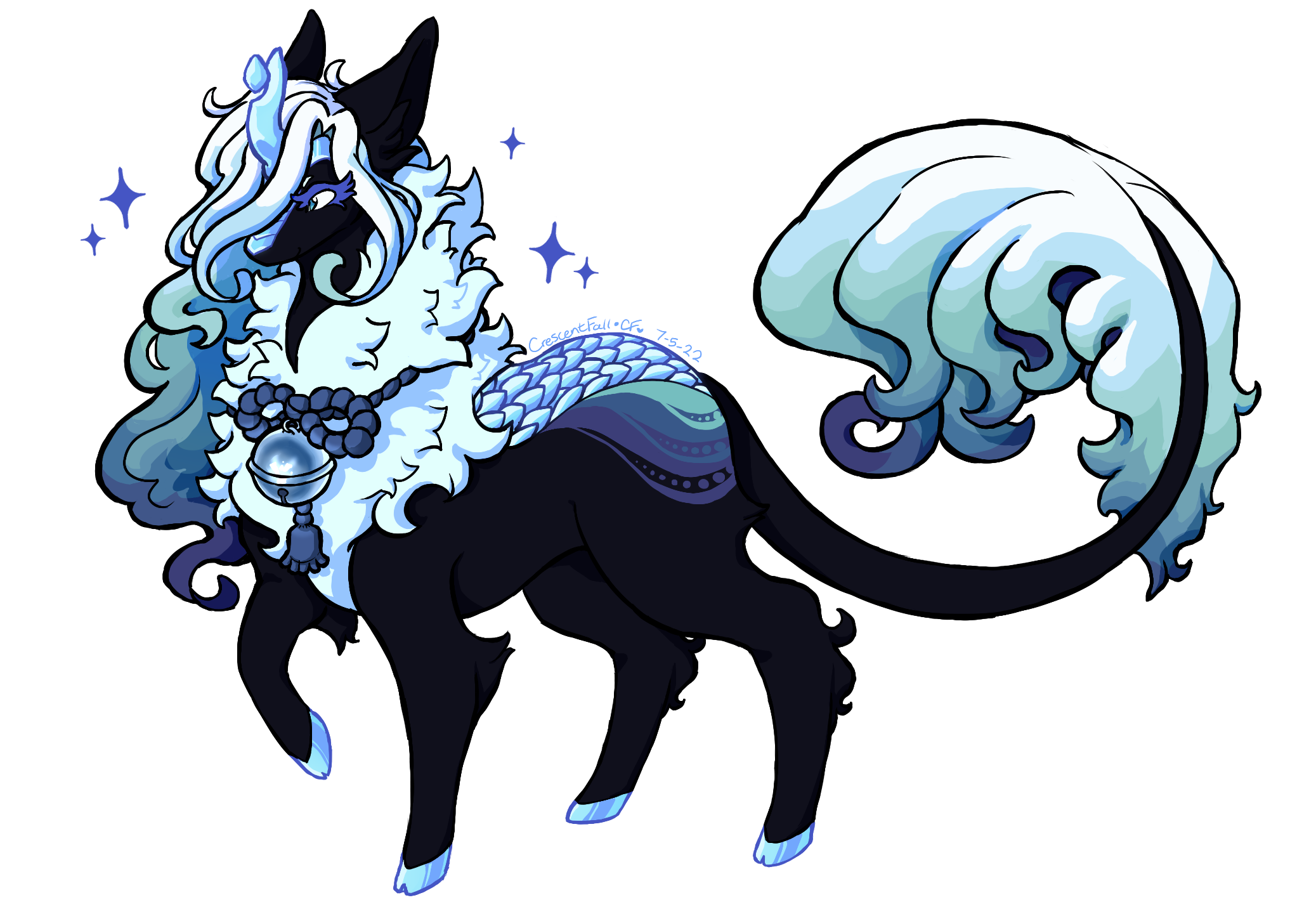 A black kirin with white hair and a blue crystal horn