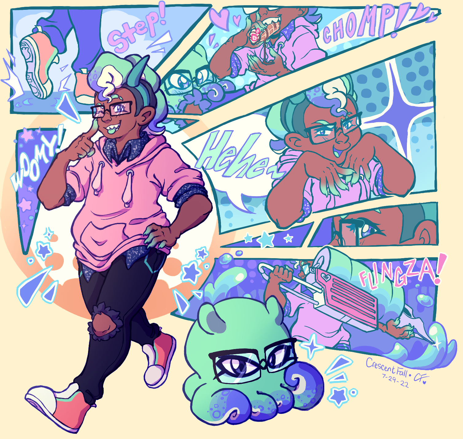 Comic book style page featuring a green and purple octoling in both their kid and octopus forms