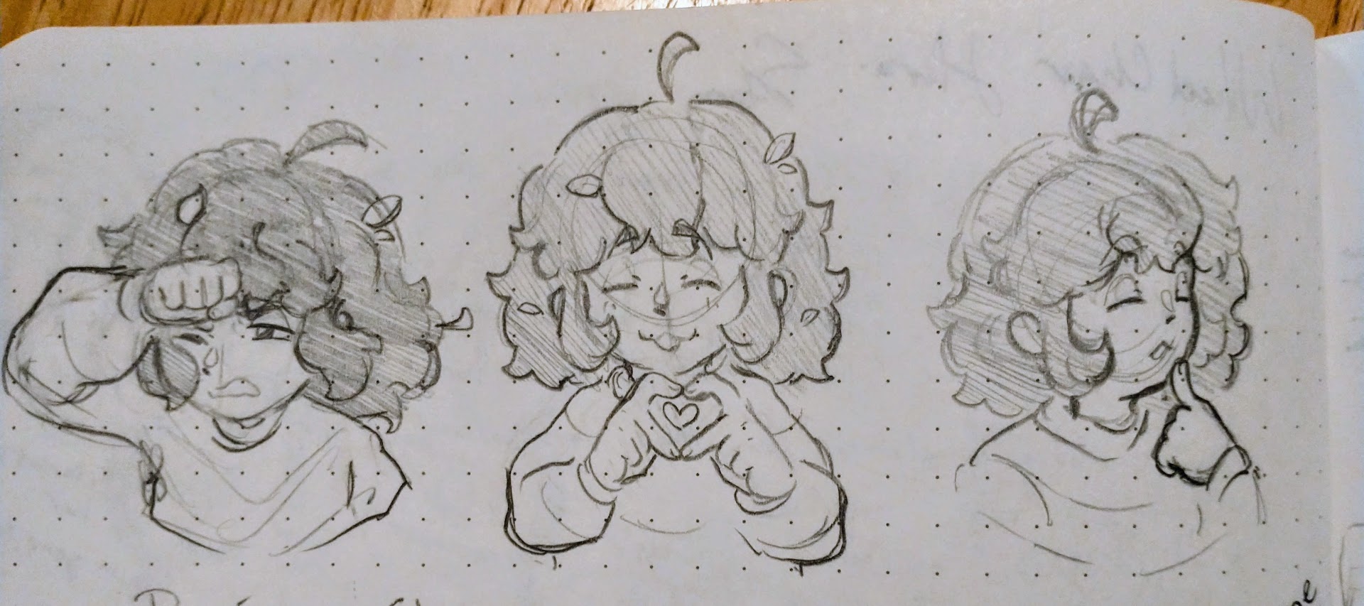 Three Frisk expressions. Left: They are shielding their face from a heavy wind. Middle: They have their hands in a heart shape! Right: They are tapping their chin with an inquisitive expression