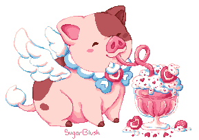 A pig with angel wings and a strawberry lace bow drinks a milkshake