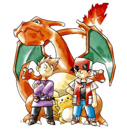 Pokemon trainers Red and Blue with Pikachu and Charizard